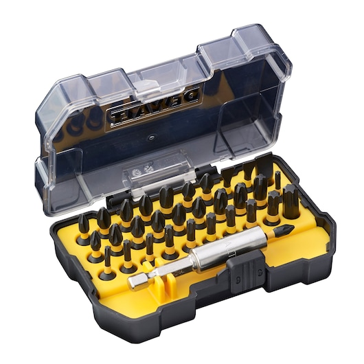 A DEWALT yellow and black plastic case containing a set of screwdriver bits organized in rows, with a metal bit holder included. The transparent lid is open, revealing the contents.