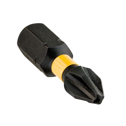 Close-up of a DEWALT Phillips screwdriver bit with yellow ring, used for fastening screws.