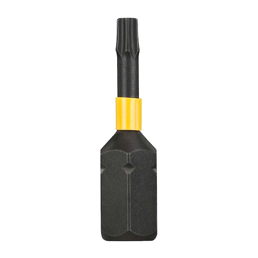 Black and yellow DEWALT screwdriver bit for power tools, shown isolated on a white background.
