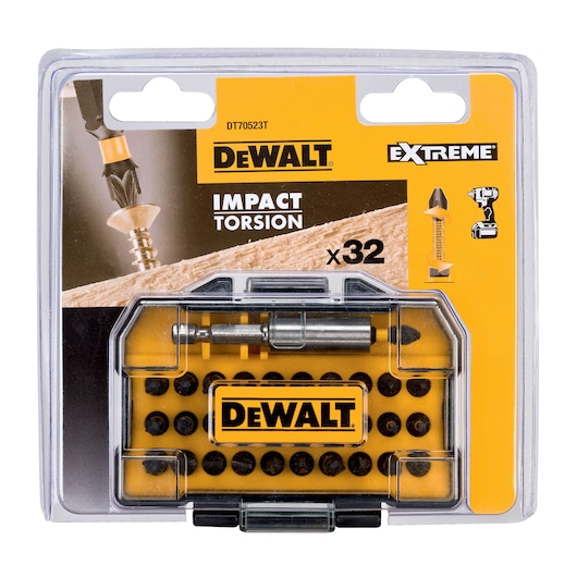 DEWALT DT70523T Extreme Impact Torsion bit set, 32 pieces in yellow plastic case, for use with drills.