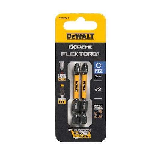 DEWALT EXTREME FLEXTORQ PZ2 screwdriver bits pack, 57mm, set of 2, for impact drivers, in black and yellow package.