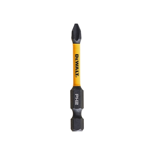 DEWALT PH2 screwdriver bit with yellow shaft, suitable for power tools, displayed on a white background.