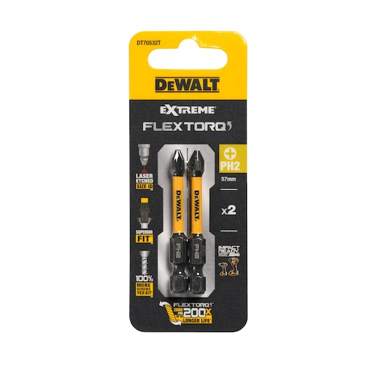 DEWALT DT70532T pack with 2 Extreme FlexTorq PH2 screwdriver bits, 57mm, in yellow and black packaging.