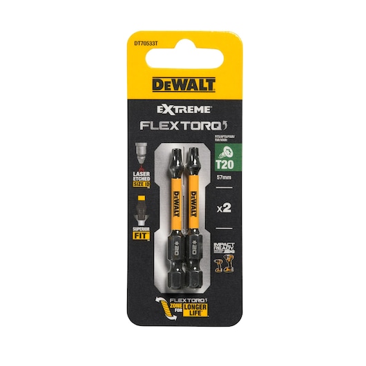 DEWALT EXTREME FLEXTORQ T20 screwdriving bits, pack of 2, 57mm length, for impact drivers.