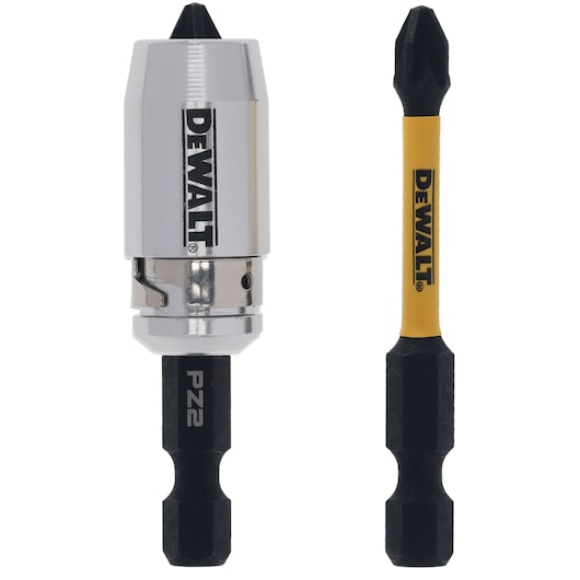 DEWALT DT70535T screwdriver bit with holder, silver and black, shown frontally on white background.