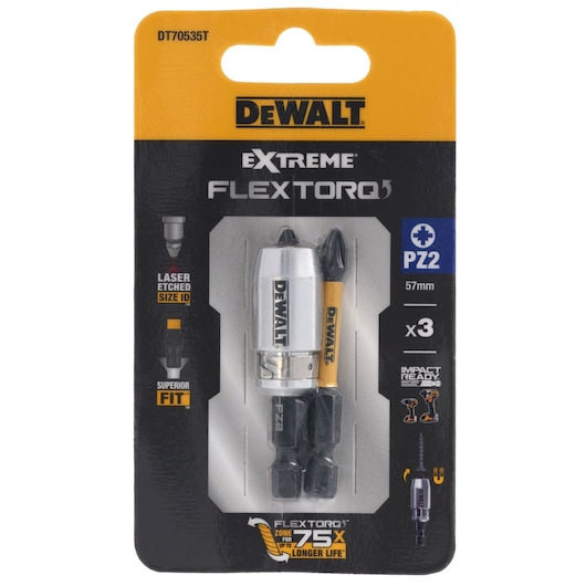 DEWALT DT70535T Extreme FlexTorq PZ2 screwdriver bits, 3-pack, 57mm, impact ready, in retail packaging.