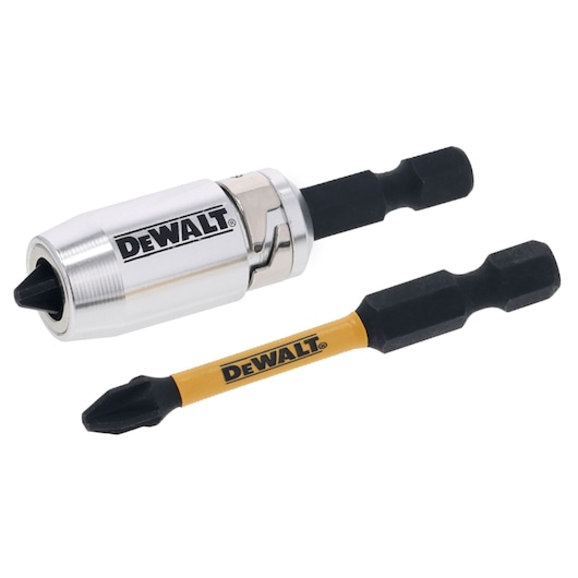 DEWALT screwdriver bit set with magnetic holder and a single yellow Phillips bit.