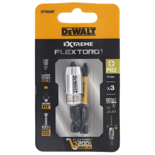 DEWALT DT70536T Extreme FlexTorq PH2 screwdriver bits set, three pieces, 57mm, in retail packaging.