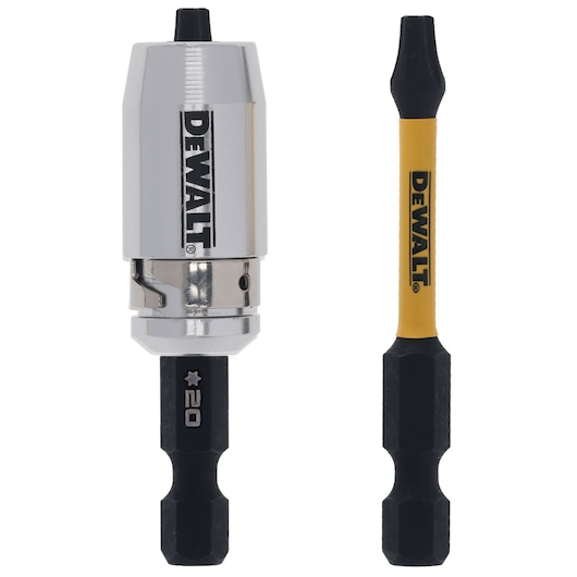 DEWALT bit holder and screwdriver bit, both with hex shank, silver and yellow-black color.