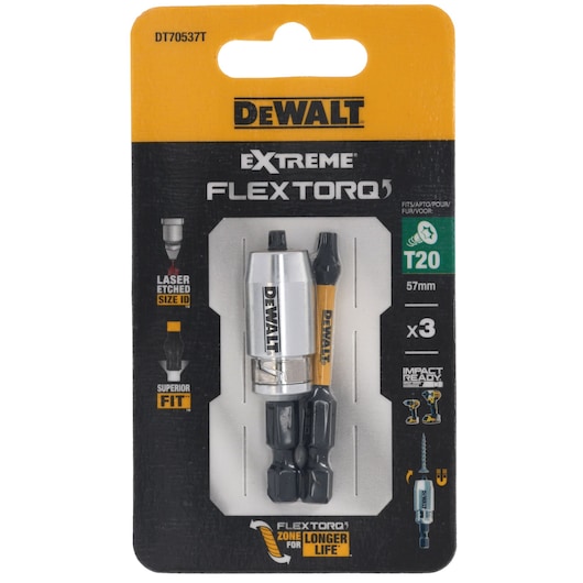 DEWALT FLEXTORQ Extreme T20 screwdriver bits, 57mm, pack of three, impact ready, in retail packaging.