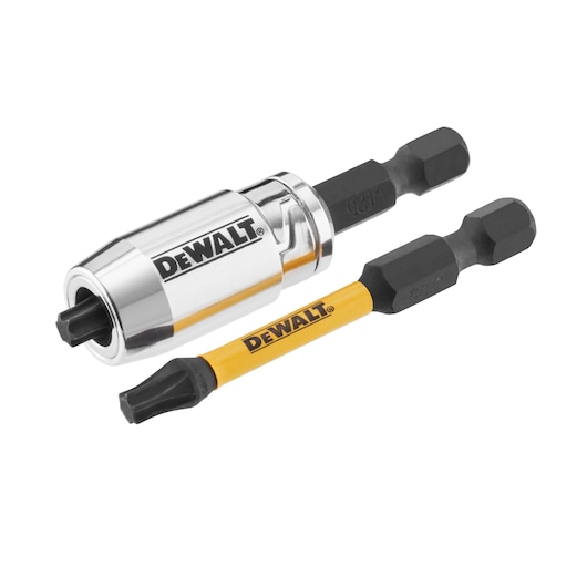 DEWALT DT70538T bit holder and two screwdriver bits for power tools, shown on a white background.