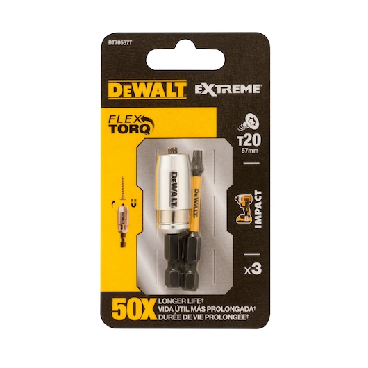 DEWALT DT70537T FlexTorq Extreme T20 impact bit set, 3 pieces, in retail packaging.