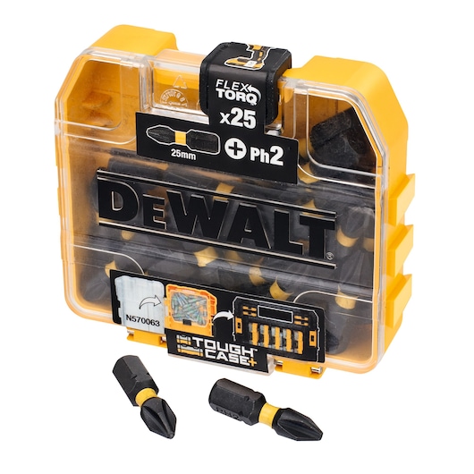 DEWALT FlexTorq bit set in yellow tough case, contains 25 screwdriver bits, two bits shown outside.