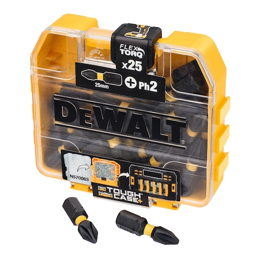 DEWALT FlexTorq Tough Case with 25 PH2 screwdriver bits, shown with two loose bits in front of the case.