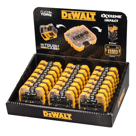 Display of DEWALT DT70555T Tough Case+ bit sets arranged in rows in branded packaging.