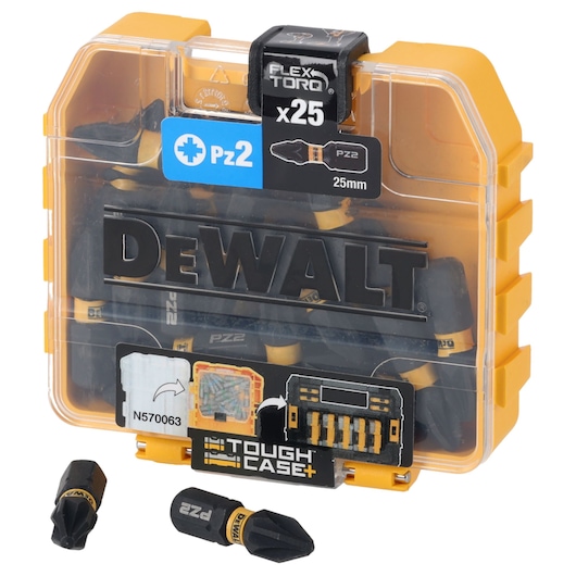 DEWALT DT70556T Tough Case containing 25 PZ2 25mm screwdriver bits, with two bits displayed outside the yellow and clear case.