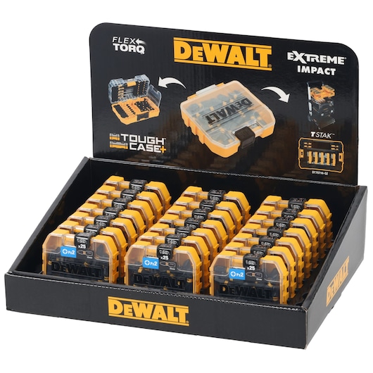 DEWALT display box with multiple FlexTorq Tough Case+ bit sets for impact tools.