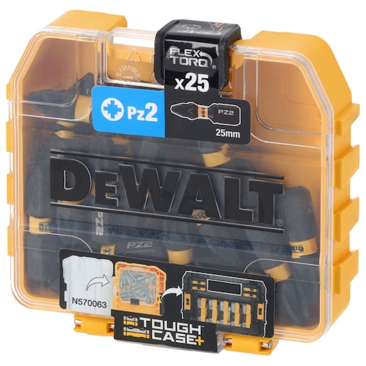 DEWALT FlexTorq PZ2 25mm screwdriver bits set in Toughcase, 25 pieces visible.