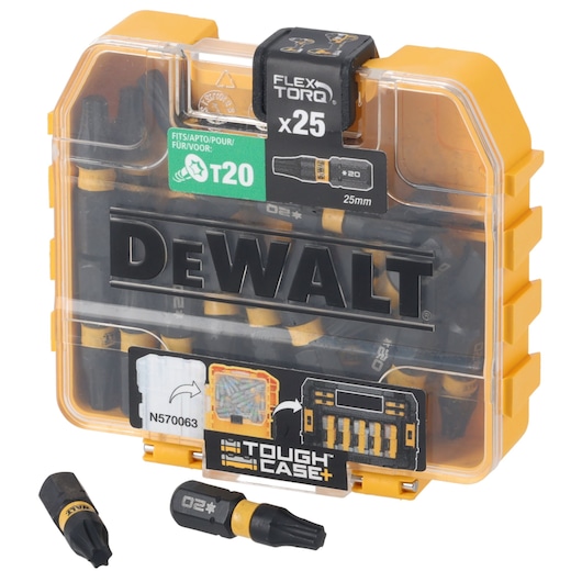 DEWALT DT70557T Tough Case with 25 Torx T20 screwdriver bits, durable yellow and black storage box.