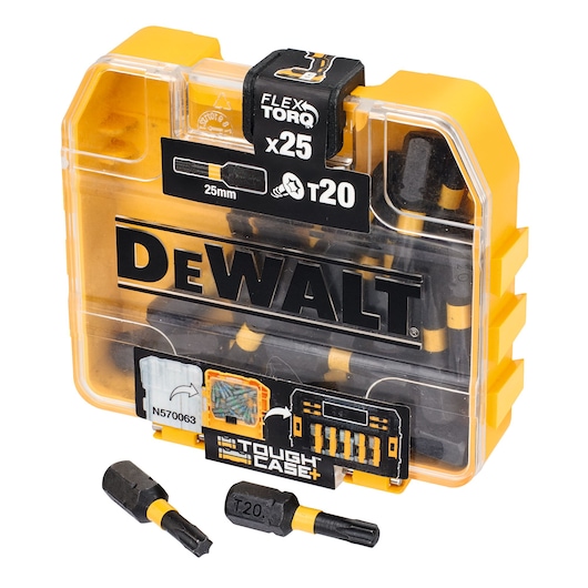 DEWALT DT70557T bit set in a yellow ToughCase, includes 25 T20 25mm bits. Two bits are shown outside the box.