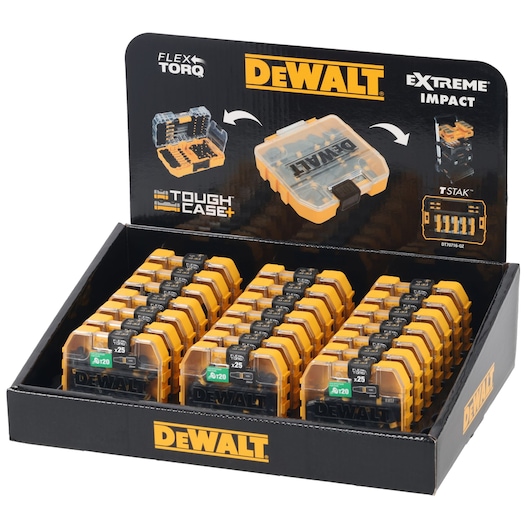 DEWALT display box with Tough Case+ sets for screwdriver bits, arranged in rows, black and yellow packaging.