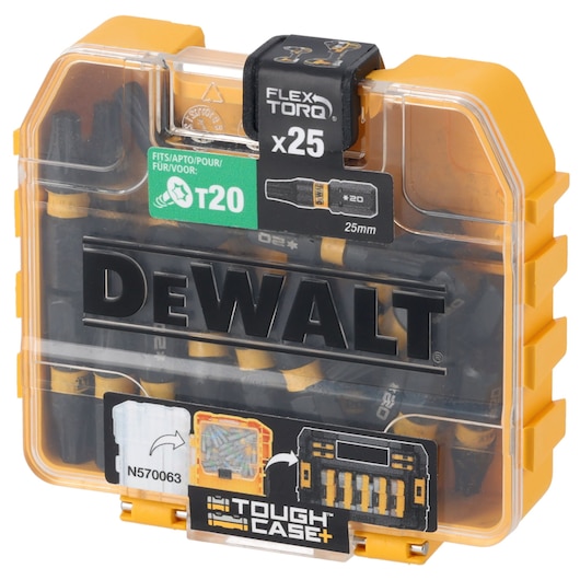 DEWALT DT70557T Tough Case with 25 T20 25mm screwdriver bits, yellow and black plastic box.