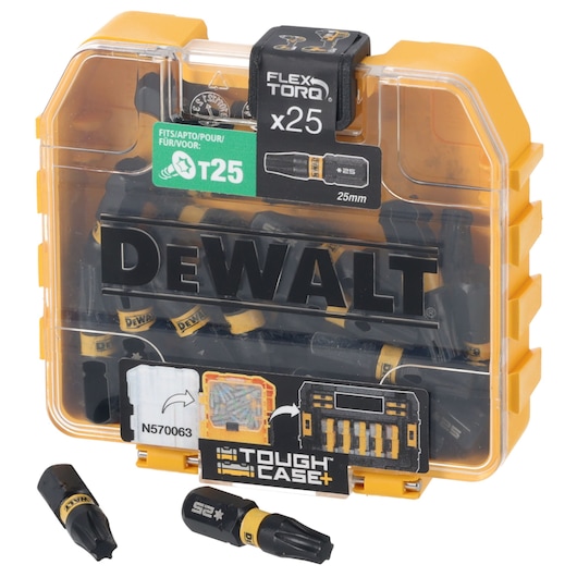 DEWALT FlexTorq T25 tough case set with 25 screwdriver bits. Clear box with yellow and black branding.