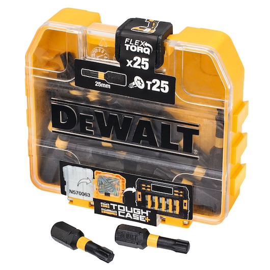 DEWALT FlexTorq T25 bit set in ToughCase, 25 pieces, yellow and black, shown with two bits outside.