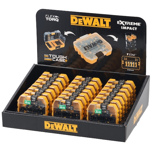 DEWALT DT70558T Tough Case+ box display with multiple yellow and black bit sets in plastic cases.