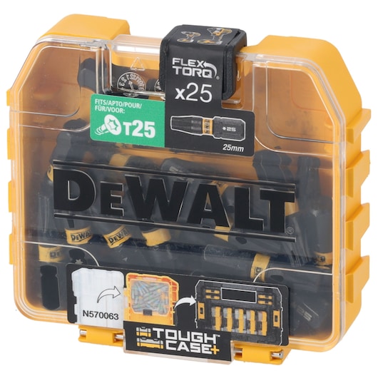 DEWALT Tough Case with 25 FlexTorq T25 screwdriver bits, 25mm length, organized in a yellow and clear storage box.