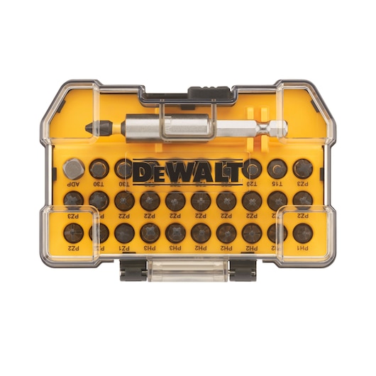 DEWALT DT70560T bit set in a yellow plastic box with transparent lid, showing assorted screwdriver bits.