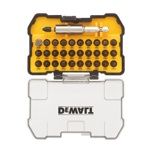 DEWALT drill bit set with yellow tray and clear lid, includes various bits and a holder.