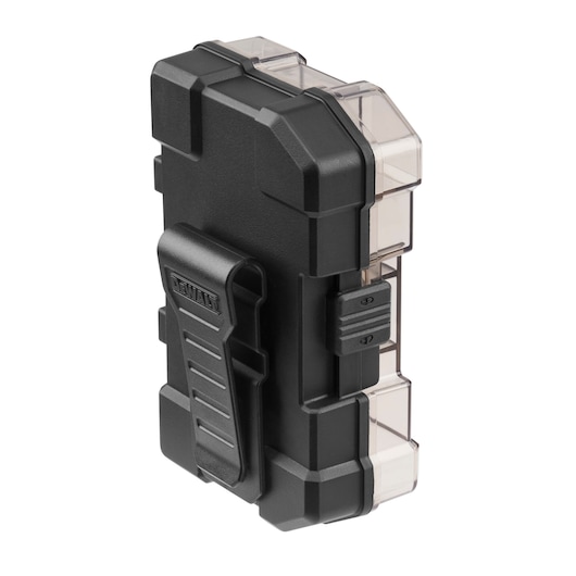 DEWALT DT70560T rugged black plastic case with clear compartments and belt clip, used for organizing small tool accessories.