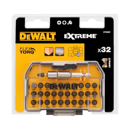 DEWALT DT70560T Extreme FlexTorq 32-piece impact screwdriver bit set in a yellow and black plastic case.