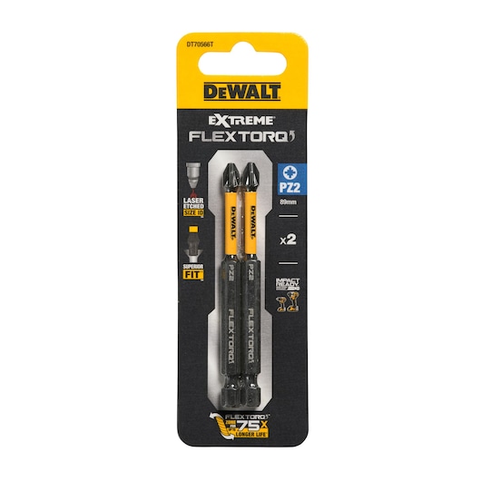 DEWALT Extreme FlexTorq PZ2 screwdriver bits, 89mm, pack of 2 shown in branded retail packaging.