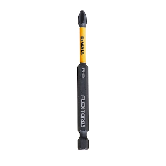 DEWALT FlexTorq PH2 screwdriver bit, black and yellow, designed for impact drivers.