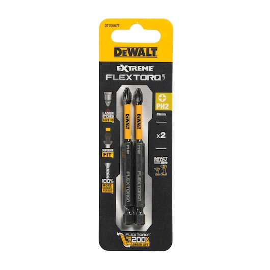 DEWALT Extreme FlexTorq PH2 screwdriver bits, 89mm, pack of 2, impact ready for longer life.
