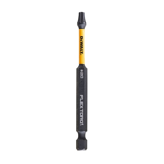 DEWALT DT70568T screwdriver bit with yellow and black design, labeled FLEXTORQ, displayed upright.