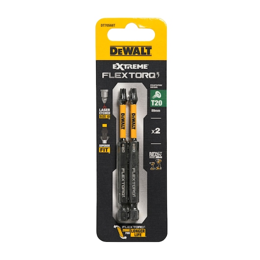 DEWALT Extreme FlexTorq T20 89mm impact-ready screwdriver bits, pack of 2, in retail packaging.