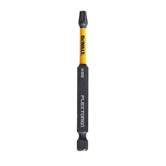 DEWALT FLEXTORQ screwdriving bit, yellow and black, with #25 marking. Designed for impact drivers.