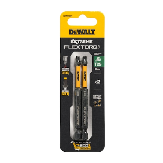 DEWALT Extreme FlexTorq T25 screwdriver bits set, 89mm, pack of 2, for impact drivers, black and yellow.