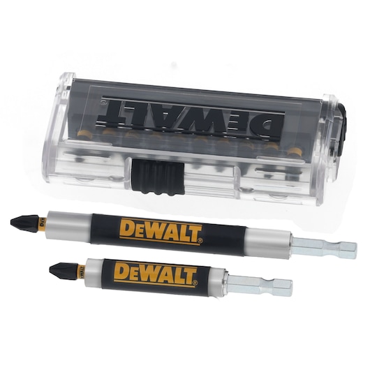 DEWALT screwdriver bit set with two bits and transparent case, shown on a white background.