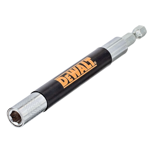DEWALT magnetic bit holder with hex shank for power tools, black and silver body.