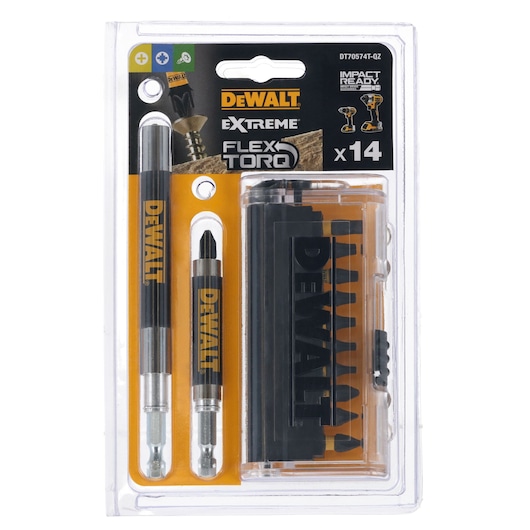 DEWALT DT70574T FlexTorq 14-piece impact-ready screwdriver bit set in packaging.