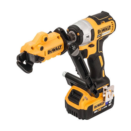 DEWALT DT70620 cordless power tool with yellow and black design, used for cutting metal materials.