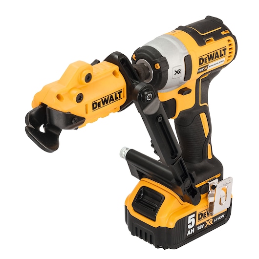 DEWALT cordless power tool with battery and attachment for professional construction or repair tasks.