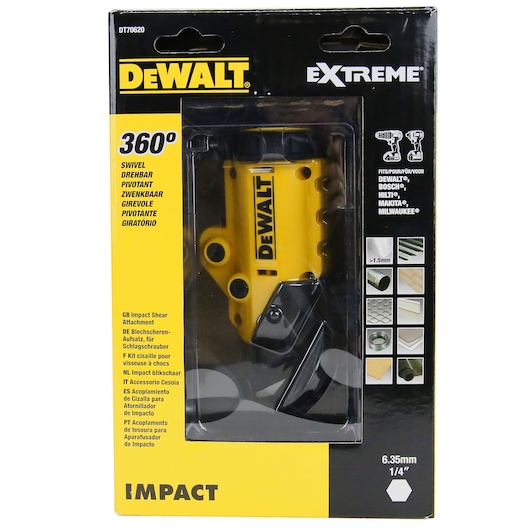 DEWALT DT70620 Impact Shear Attachment in package, 360° swivel, fits multiple brands, for cutting materials.