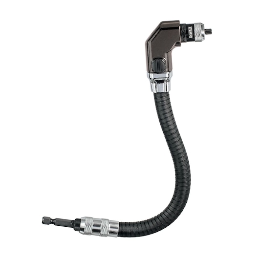 Flexible DEWALT drill extension with right angle head for reaching tight spaces.
