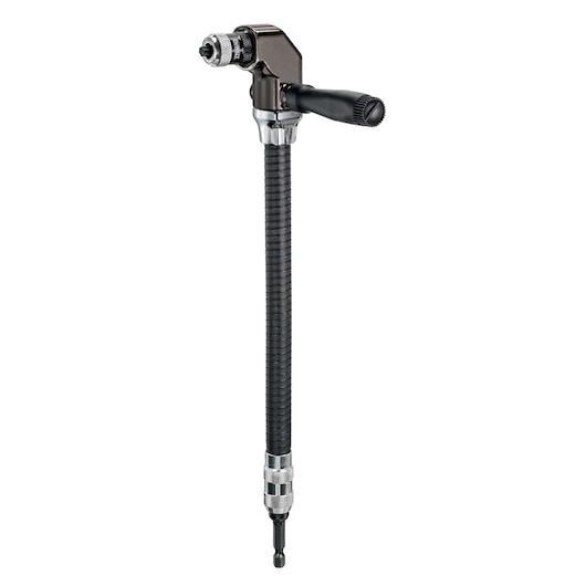 DEWALT right angle drill attachment with flexible shaft for precise drilling in confined spaces, photographed on white.