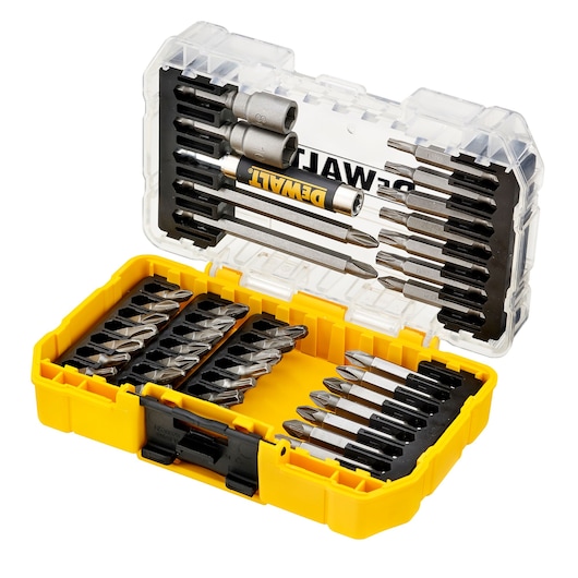 DEWALT yellow drill and screwdriver bit set with open clear lid, various bits organized in compartments.